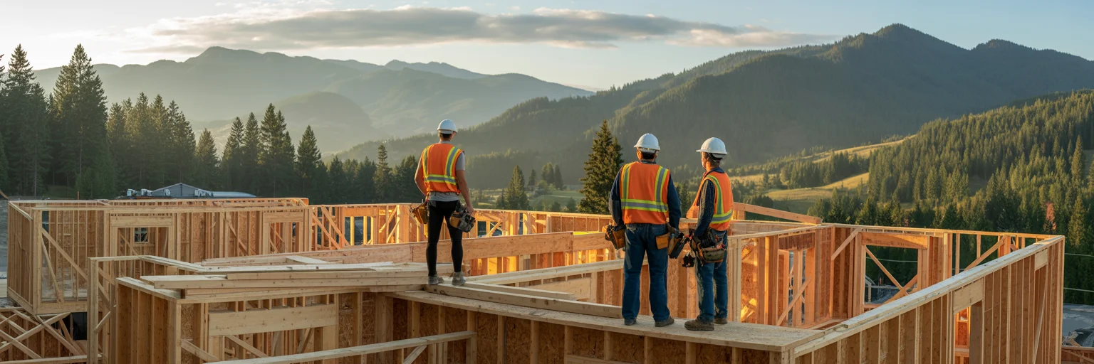North Idaho construction site at dawn - workers on residential build with mountain backdrop